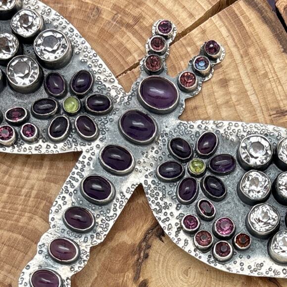 FEDERICO JIMENEZ Sterling Silver & Amethyst Encrusted Statement Dragonfly Brooch - Picture 2 of 7